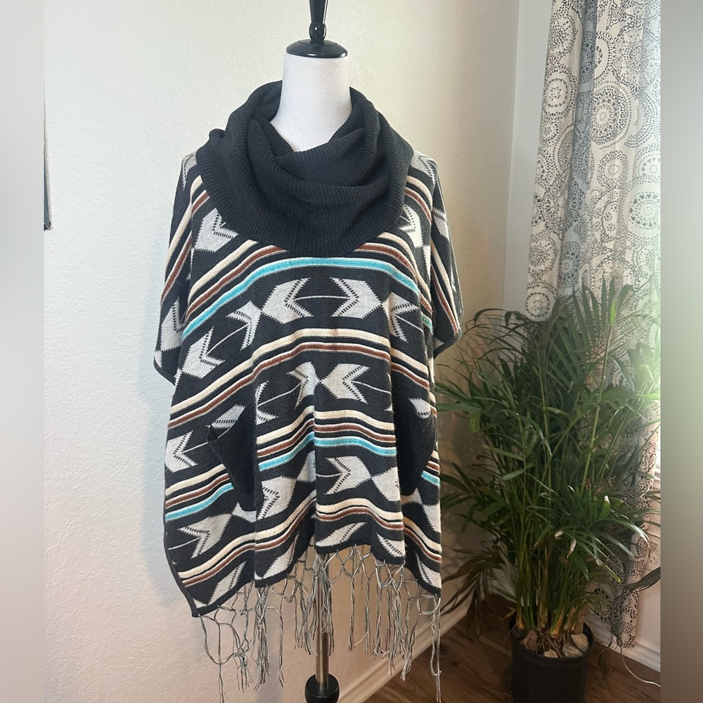 Double Zero Aztec Cowl Neck Poncho Sweater